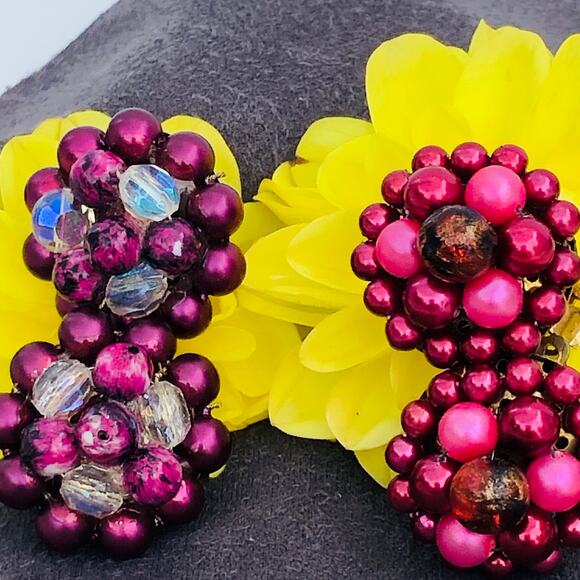 2 PAIRS Vintage MCM Japan Clip ON Bead Earrings Pink Purple - Picture 1 of 10
